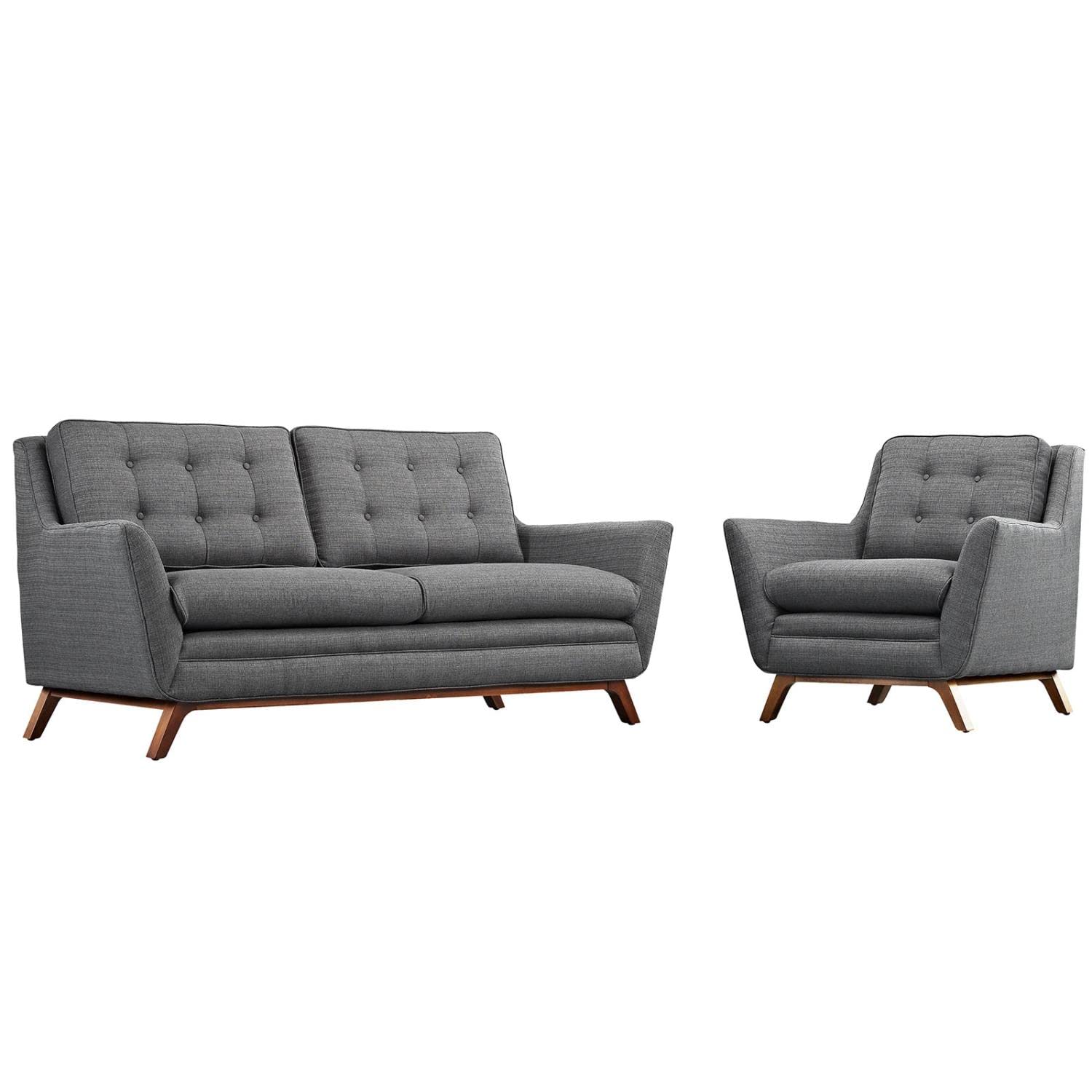 Modway Beguile Mid-Century Modern Loveseat Upholstered Fabric With Loveseat And Armchair In Gray